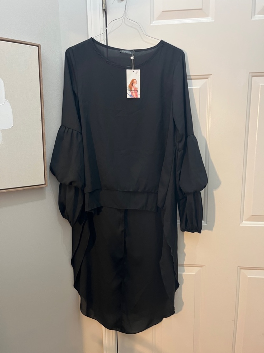 Women’s Black Long Sleeve Balloon-Sleeve loose-fitting Chiffon Dress